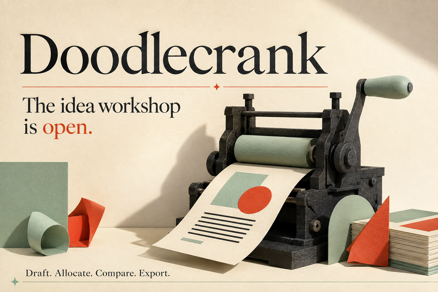Doodlecrank illustrated printing press with cream paper, mint machinery and red workshop details
